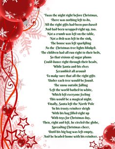 a christmas poem with red ornaments and snowflakes