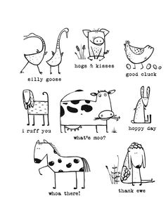 some animals that are drawn in black and white