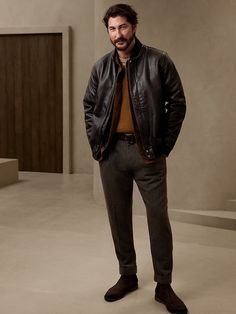 BR ARCHIVES Leather Bomber Jacket | Banana Republic Leather Jacket Outfit Men Aesthetic, Mens Edgy Fashion, Character Help, Leather Jacket Outfit Men, Dress Man, Manly Stuff, Flying Ace, Classy Outfits Men, Classy Men