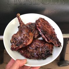 two pieces of meat on a white plate being held by a person's hand