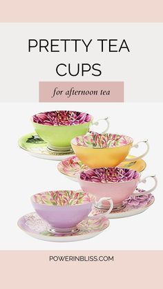 pretty tea cups for afternoon tea with the title overlaying it in pink and green