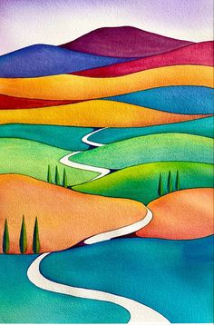 a watercolor painting of a winding road in the hills with trees on each side