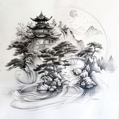 Oriental Tattoo Vector Art Waterfall Tattoo Design, Chinese Waterfall, Waterfall Tattoo, Bridge Tattoo, River Tattoo, Hard Tattoos, Elephant Tattoo Design, Tattoo Vector, Inspired Tattoos