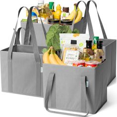 two gray bags filled with food and condiments