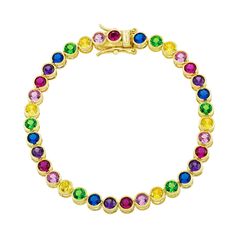 If you were the kid who used every crayon in the box, consider this colorful charmer your style soulmate. Twinkling with jewel-toned crystals in a gorgeous round cut, our Easy to Love Rainbow Bracelet lives up to its name! Clasp her on and see how she gets along with everything from statement bangles to dainty rings or scene-stealing hoops—this rainbow of shine is endlessly versatile and loves to be layered. 14k gold plated sterling silver Multicolor gems 7" in length Statement Bangles, Dainty Rings, Rainbow Bracelet, Love Rainbow, The Kid, Easy To Love, Dainty Ring, Gold Plated Sterling Silver, Soulmate