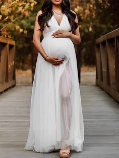 Momyknows White Tulle Off Shoulder Grenadine Side Slit Backless V-Neck Cute Gown Baby Shower Maternity Maxi Dress Babyshower Dress, Semi Formal Wedding, Shower Outfits, Maternity Maxi Dress, Maternity Maxi, Photoshoot Dress, Shower Dresses, White Tulle, Pregnancy Maxi Dress