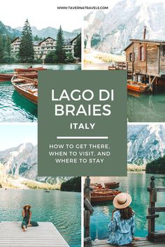 a collage of photos with the words lago di braies italy and pictures of boats