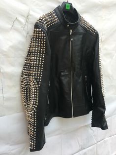 New Women's Black Silver Studded Zipper Cowhide Biker Leather Jacket on Storenvy Studded Moto Leather Jacket For Biker Events, Fitted Studded Biker Jacket, Fitted Studs Biker Jacket, Moto Leather Jacket With Studs For Biker Events, Winter Moto Leather Jacket With Studs, Moto Leather Jacket With Studs For Winter, Fitted Biker Jacket With Studs, Studded Fitted Leather Jacket For Biker Events, Studded Long-sleeved Moto Outerwear