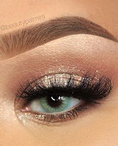 Eye Make Up For Blue Green Eyes, Eye Makeup Professional, Gold Sparkly Makeup Look, Formal Make Up Green Eyes, Eye Makeup That Goes With Green Dress, Neutral Gold Makeup Looks, Makeup To Match Dark Green Dress, Basic Homecoming Makeup, Homecoming Makeup For Green Eyes