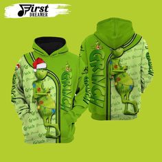 the grinch christmas hoodie is green and has an image of person wearing a santa hat