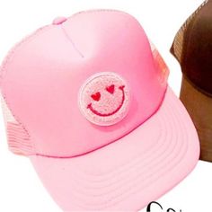 Cotton Candy Pink Smiley Trucker Hat Trendy Hats With Curved Brim, Trendy Winter Trucker Hat, Cute Spring Snapback Hat, Cute Adjustable Baseball Cap With Short Brim, Cute Adjustable Snapback Hat For Spring, Cute Flat Brim Hat One Size, Trendy Pink Brimmed Hat, Trendy Adjustable Brimmed Baseball Cap, Trendy Adjustable Short Brim Trucker Hat