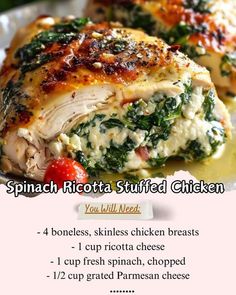 the recipe for spinach ricotta stuffed chicken is shown