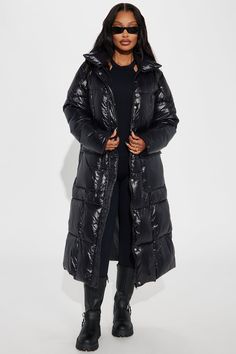 Available In Black, Chocolate, And CobaltBlue. Puffer Hooded Long Sleeve Nylon Quilted Pockets Fully Lined Face: 100% Nylon Back/Filling: 100% Polyester Imported | Caught You Looking Long Puffer in Black size Small by Fashion Nova Winter Looks Black Women, Jacket With Fur Collar, Puffer Jacket With Fur, Colorado Trip, Long Puffer Jacket, Black Faux Fur Coat, Collar Fashion, Jacket With Fur, Black Chocolate