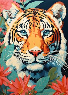 a painting of a tiger surrounded by flowers