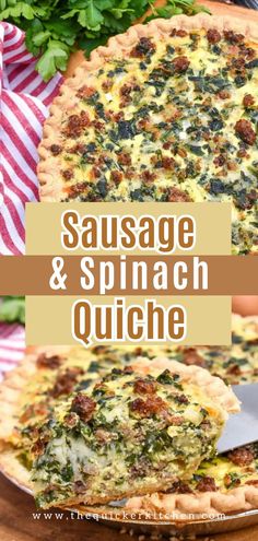 sausage and spinach quiche on a wooden cutting board with a serving spatula