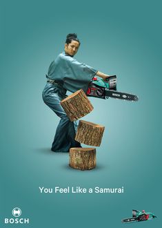 a man holding a chainsaw on top of two logs with the caption you feel like a samurai