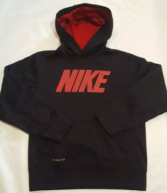 Nike Boys Therma-Fit Hooded Sweatshirt Black red Nike Logo Large Front Pocket Lined hood- Red Nike Fleece Hoodie With Logo Print, Sports Hoodie With Logo Print For Fall, Nike Hoodie With Logo Print For Fall, Nike Long Sleeve Hoodie With Logo Print, Nike Hoodie With Letter Print, Red Hoodie With Logo Print And Crew Neck, Red Crew Neck Hoodie With Logo Print, Nike Sports Hoodie With Logo Print, Nike Red Sportswear Sweatshirt