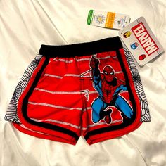 New Spider-Man Swim Trunks With Tags. Sporty Red Shorts For Playwear, Casual Red Shorts For Playtime, Red Shorts For Summer Playtime, Playful Red Cotton Shorts, Red Cotton Playwear Shorts, Red Cotton Shorts For Playwear, White Swim Shorts, Avengers Characters, Toddler Swimming