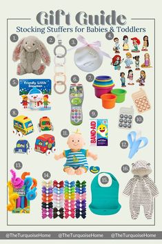 the gift guide for babies and toddlers includes toys, books, and other items