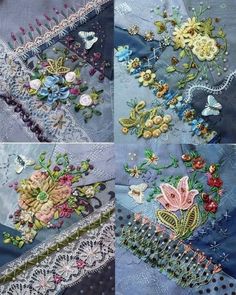 four pictures of different types of fabric with flowers and butterflies on them, all in various colors