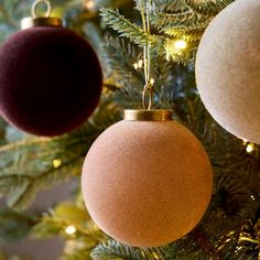 two ornaments hanging from the top of a christmas tree