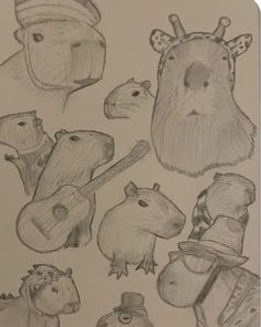 a drawing of various animals with hats and guitars on their heads, all in different poses