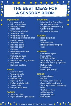 A list of ideas for a sensory room Sensory Corner, Sensory Room Equipment, Room Ideas For Kids, Sensory Gym