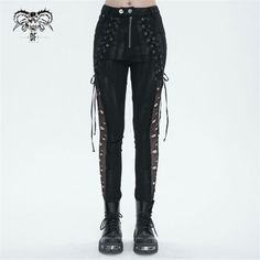 ad eBay - Find many great new & used options and get the best deals for Devil Fashion Women Black Gothic Punk Casual Trousers Lace Up Hole Slim Pants at the best online prices at eBay! Free shipping for many products! Lace Up Leather Pants, Punk Leggings, Distressed Leggings, Rock Style Outfits, Gothic Pants, Pants Woman, Solid Leggings, Gothic Punk, Stretch Leggings