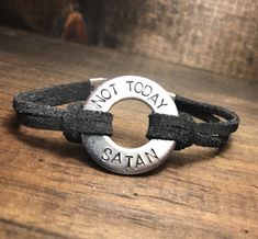 "Adorable personalized hand stamped Not Today Satan washer bracelet with suede band and lobster clasp closure. These bracelets are hand stamped with your choice of words, names, phrases or dates! These make a perfect inspirational gift or the perfect best friend gift and perfect stocking stuffers...gift options are endless! (example: Daddy Est. 05.05.2015; John 3:16, Bridesmaid, Best Friends, etc.) Please add your word or words that you would like stamped on the washer along with a custom length My Intent Bracelet, Washer Crafts, Metal Stamped Bracelet, Washer Bracelet, Word Bracelets, Washer Jewelry, Jewelry Stamping, Hand Stamped Metal, Handstamped Bracelet