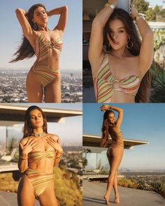 four photos of a woman in bikinis posing for the camera, and wearing jewelry