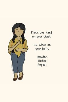 a woman with her hand on her chest and the words, place one hand on your chest