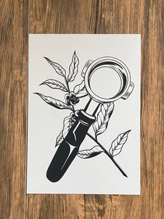 a black and white drawing of a magnifying glass on top of a leafy branch