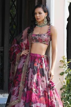 Lilac organza lehenga with an attached cancan, floral print and sequins embroidered hemline. Comes with a padded blouse and a dupatta. - Aza Fashions Digital Print Sharara For Party And Festivals, Festival Sharara With Digital Print For Parties, Silk Lehenga With Digital Print For Wedding, Traditional Party Lehenga With Digital Print, Diwali Party Lehenga With Digital Print, Georgette Digital Print Set For Party, Party Wear Floral Print Choli With Traditional Drape, Anarkali Choli With Digital Print For Party, Fitted Choli With Digital Print For Party