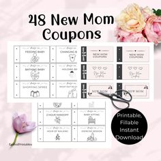 the printable coup for mother's day is shown with flowers, scissors and other items