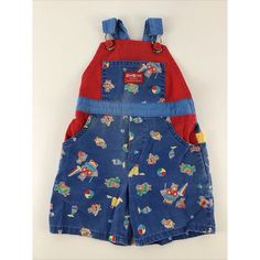 This is a vintage Osh Kosh B'Gosh one-piece overall shorts, has some fading on fabric from wear and a few spots in bib area. No rips/tears. Size 4T. The colorful multicolor pattern features bears at the beach and has adjustable straps with a buckle closure. Made of 100% cotton, it is machine washable and perfect for casual occasions. Beach Cotton Shortalls Overall, Casual Shortalls With Pockets For Playtime, Red Cotton Jumpsuit For Playtime, Playful Summer Shortalls, Playful Cotton Shortalls With Pockets, Playful Summer Jumpsuits And Rompers With Pockets, Vintage Blue Shortalls, Vintage Sleeveless Overalls For Summer, Vintage Blue Cotton Shortalls