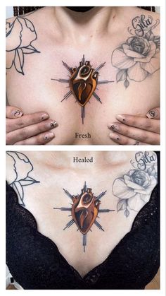 two pictures showing different types of tattoos on the chest and chest, one with an open heart