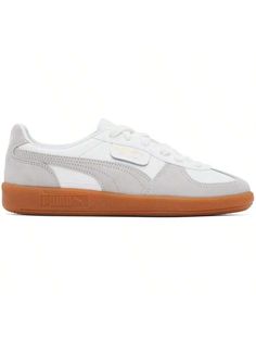 PUMA 
White & Gray Palermo Leather Sneakers 
Low-top grained leather, buffed faux-leather, and suede sneakers in white and gray. 
. Lace-up closure 
. Logo embossed at tongue 
. Padded collar 
. Formstrip at sides 
. Logo flag at outer side 
. Logo stamp at heel tab 
. Buffed leather lining 
. Treaded rubber sole 
Supplier color: White/Glacial gray/Gum 
Upper: leather, synthetic. Sole: rubber. 
Made in Viet Nam. 
242010M237027 
White & Gray Palermo Leather Sneakers default         Sports & Outdo Puma Palermo, Leather Sneakers Men, Casual Athletic Shoes, Puma White, Sneakers Puma, Casual Athletic, Suede Sneakers, Logo Stamp, Outdoor Shoes