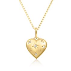 Set with glimmering CZ stars, this little heart is filled with big celestial energy! A timeless token of star-studded beauty, this Cosmic Heart Pendant radiates magical star power. 14k gold plated brass, CZ 18 inches + 2 inch extension heart is 12mm Questions about Shipping & Returns? Cosmic Heart, Celestial Energy, Heart Pendant Necklace Gold, Elizabeth Stone, Expensive Taste, Heart Pendant Gold, Stone Gold, Pendant Gold, Stone Heart