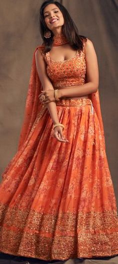 Orange color Lehenga in Organza Silk fabric with Embroidered, Floral, Sequence work Orange Color Wedding, Engagement Lehenga, Wedding Lehenga Choli, Bridesmaid Lehenga, Lehenga Choli For Women, Choli For Women, Indian Accessories, Floral Lehenga, Navratri Chaniya Choli