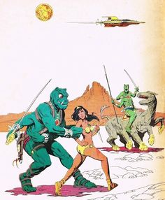 an old comic book cover with two women and dinosaurs