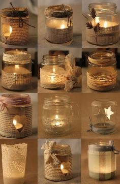 many different jars with candles in them and some paper doily on the top one