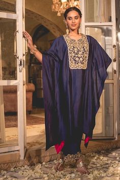 Navy blue kaftan with marodi, zardozi embroidery in floral pattern on yoke. Paired with matching pant. - Aza Fashions Traditional Drape Palazzo Set With Dabka Work For Navratri, Transitional Wedding Kaftan With Traditional Drape, Dabka Detailed Straight Kurta Palazzo Set For Receptions, Traditional Drape Palazzo Set For Eid, Traditional Palazzo Set For Reception With Dabka Detailing, Silk Kaftan With Zari Work For Wedding, Reception Straight Kurta With Dori Work, Straight Kurta With Dori Work For Reception, Embroidered Straight Kurta Palazzo Set For Reception