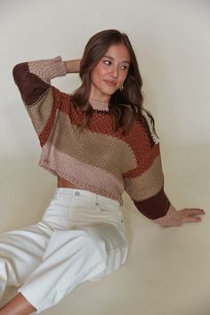 Make your days cozier with the Sheridan Cropped Striped Sweater! This cuddly knit top features a horizontal striped design, relaxed fit, long sleeves, and a scoop neckline. Pair with your favorite jeans for the perfect comfy and casual look! Details 100% Acrylic Cropped fit Hand wash cold/ lay flat to dry Brown Sweater, Striped Sweater, Striped Knit, Stripes Design, Favorite Jeans, Scoop Neckline, Lay Flat, Knit Top, Casual Looks