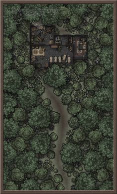 an aerial view of a house in the middle of a forest with lots of trees