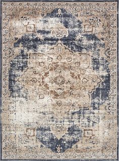 an area rug with blue, beige and brown colors on it's edges is featured in this image