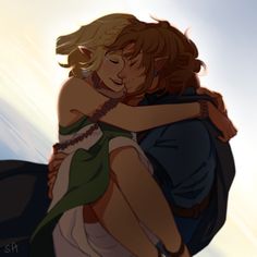 two people hugging each other in front of blue sky with clouds and sun behind them