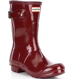 From Hunter&#x2C; the Women's Original Short Rain Boots feature:Rubber upperPull on designAdjustable strap for a custom fitLogo detailing at frontSynthetic liningRubber outsoleApprox. 9.45" shaft heightApprox. 14.76" shaft circumferenceApprox. 0.59" heel heightImported. Hunter Short Boots, Short Rain Boots, Wellington Boot, Outdoor Boots, Women Hunters, Dillard's, Short Boots, Boot Shoes Women, Mid Calf