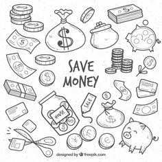 hand drawn money icons in the shape of a circle with save money written on it