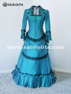 New Arrival Elegant Blue Full Sleeves Victorian Bustle Ball Gown 2016 - salelolita.com Fitted Floor-length Victorian Dress, Victorian Floor-length Fitted Dress, Fitted Long Sleeve Victorian Dress In Blue, Fitted Blue Victorian Dress With Long Sleeves, Fitted Floor-length Victorian Costume Dress, Blue Long Sleeve Gothic Dress, Fitted Blue Victorian Vintage Dress, Gothic Long Sleeve Blue Dress, Vintage Long Sleeve Gown For Costume Party