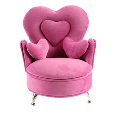 a pink heart shaped chair with hearts on it's back and footrests